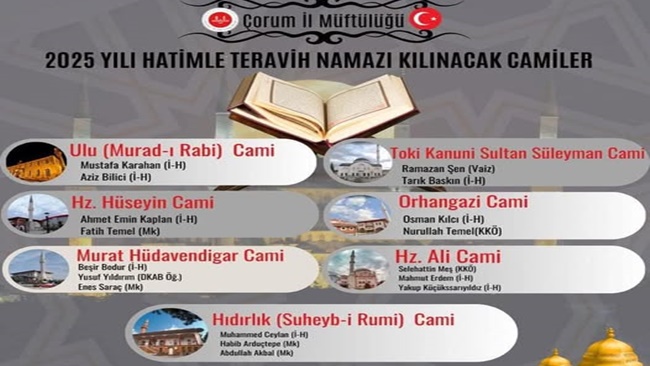 ÇORUM’DA 7 CAMİ’DE HATİMLE TERAVİH NAMAZI KILINACAK